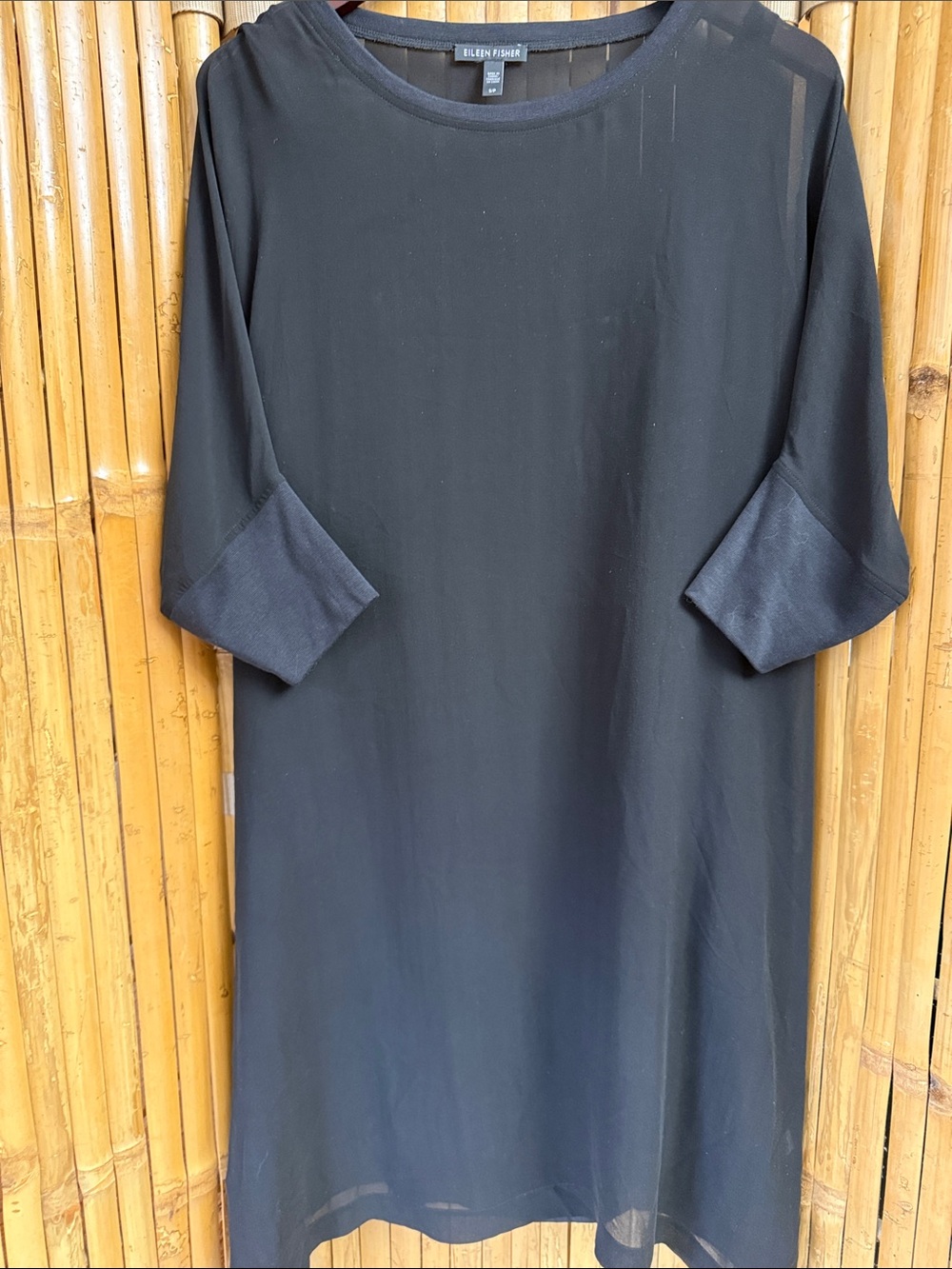 Eileen Fisher Black Silk Sheer-Panel Shift Dress. Size S/P